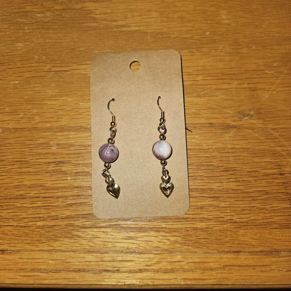 Gold-Tone Heart Drop Earrings with Pink Beads - Women Jewelry